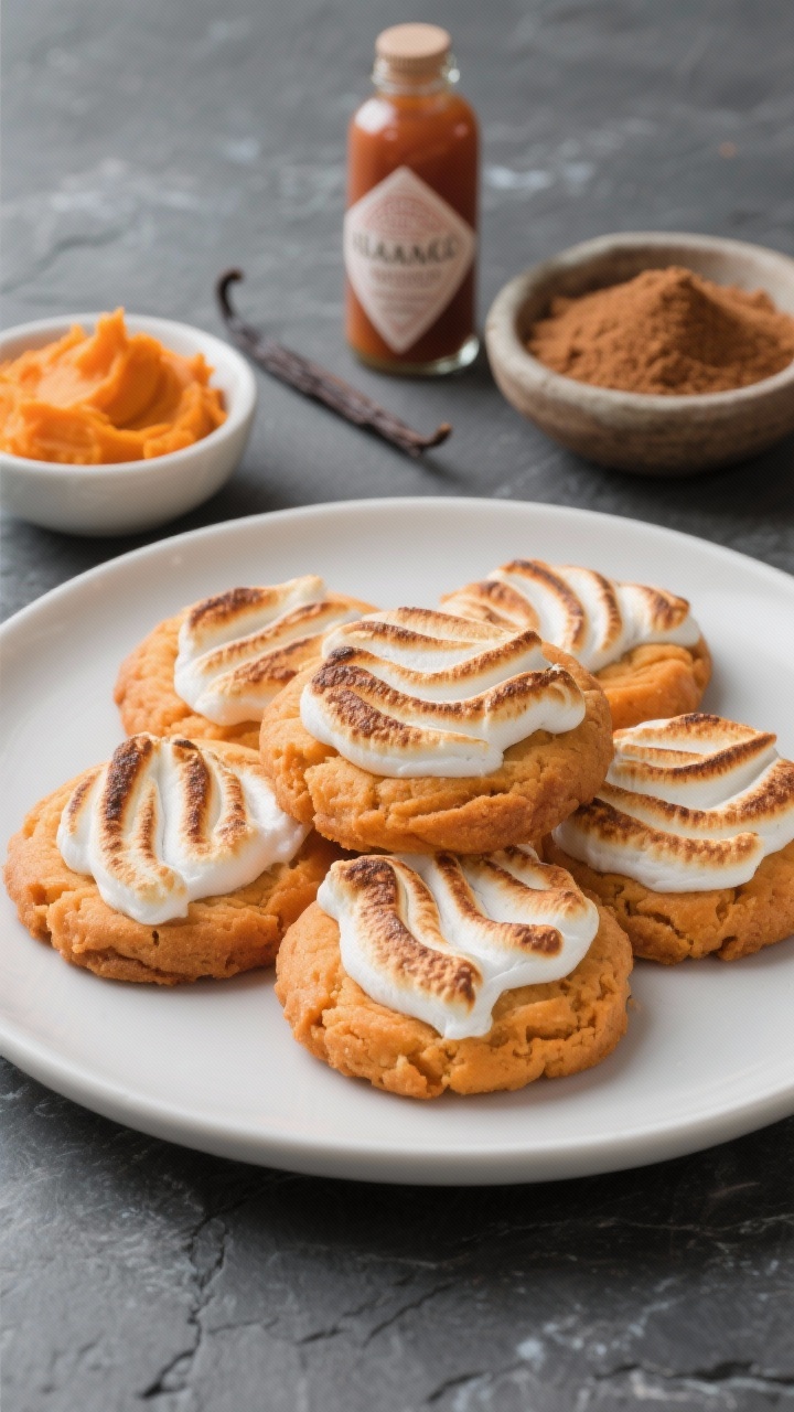 Straight-on plated presentation of sweet potato pie cookies with marshmallow swirl, orange-hued cookies with ribbons of toasted marshmallow across the tops, slightly crinkled surfaces; a small bowl of mashed sweet potato, a bottle labeled vanilla, and brown sugar in a dish behind on a matte slate.