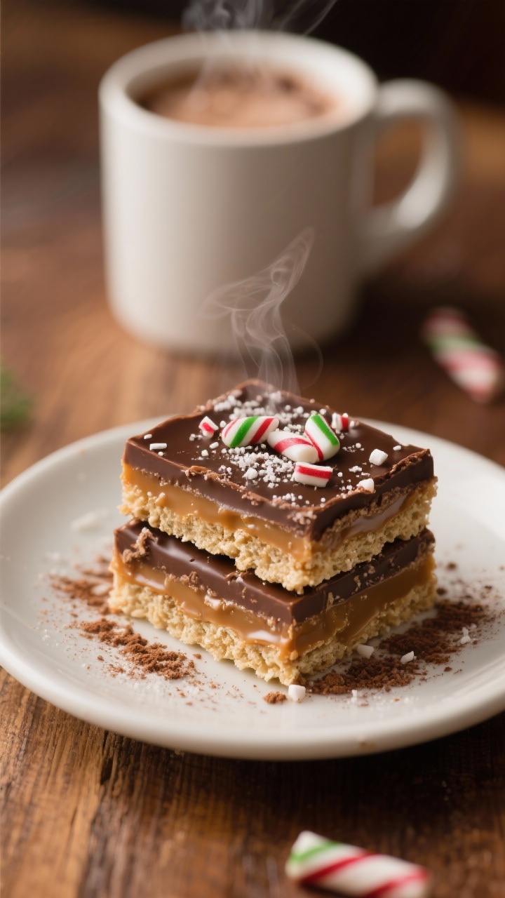 Straight-on plated presentation of triple-layer peppermint mocha toffee bars: neat bar stacks revealing distinct layers—saltine base, espresso-infused toffee (instant espresso powder in the caramel), and a smooth chocolate-peppermint top with a light crushed candy cane dusting; steam-kissed hot cocoa mug blurred in the background to evoke cozy “hot cocoa nights,” warm wood surface, soft diffused light, tight composition focusing on layered textures and sheen.