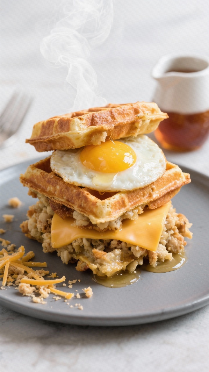 Family-friendly Thanksgiving Leftover Ideas Even Picky Eaters Will Love—no Complaints, Just Seconds Straight-on plated presentation: stuffing waffle breakfast sandwiches built from crispy, golden stuffing waffles (made with leftover stuffing mixed with beaten eggs, chicken stock as needed, and melted butter), layered with a fried egg (runny yolk), and melted cheddar or Swiss; steam rising, maple syrup in a tiny pitcher optional, crumbs and cheese strands on the plate; stack centered on a matte plate with minimal props, bright morning vibe, sharp focus on waffle texture.