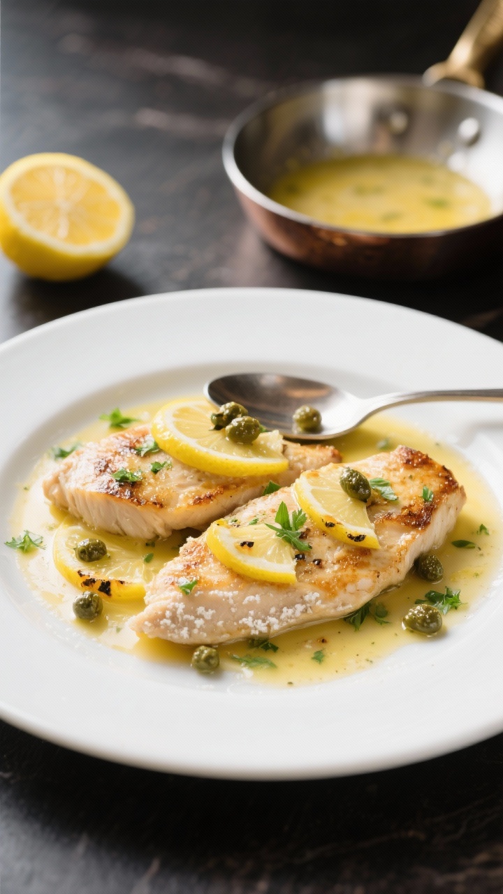Straight-on plated restaurant presentation: Lemon-garlic chicken piccata—thin cutlets lightly dredged in flour, pan-seared and bathed in a luminous butter-lemon-garlic sauce with burst capers and lemon slices. Plate two cutlets overlapping on a wide-rim white plate, sauce spooned generously with capers scattered, a few charred lemon rounds, and a sprinkle of parsley. Background includes a small stainless pan with residual sauce and a cut lemon. Crisp highlights, zesty mood, elegant simplicity.