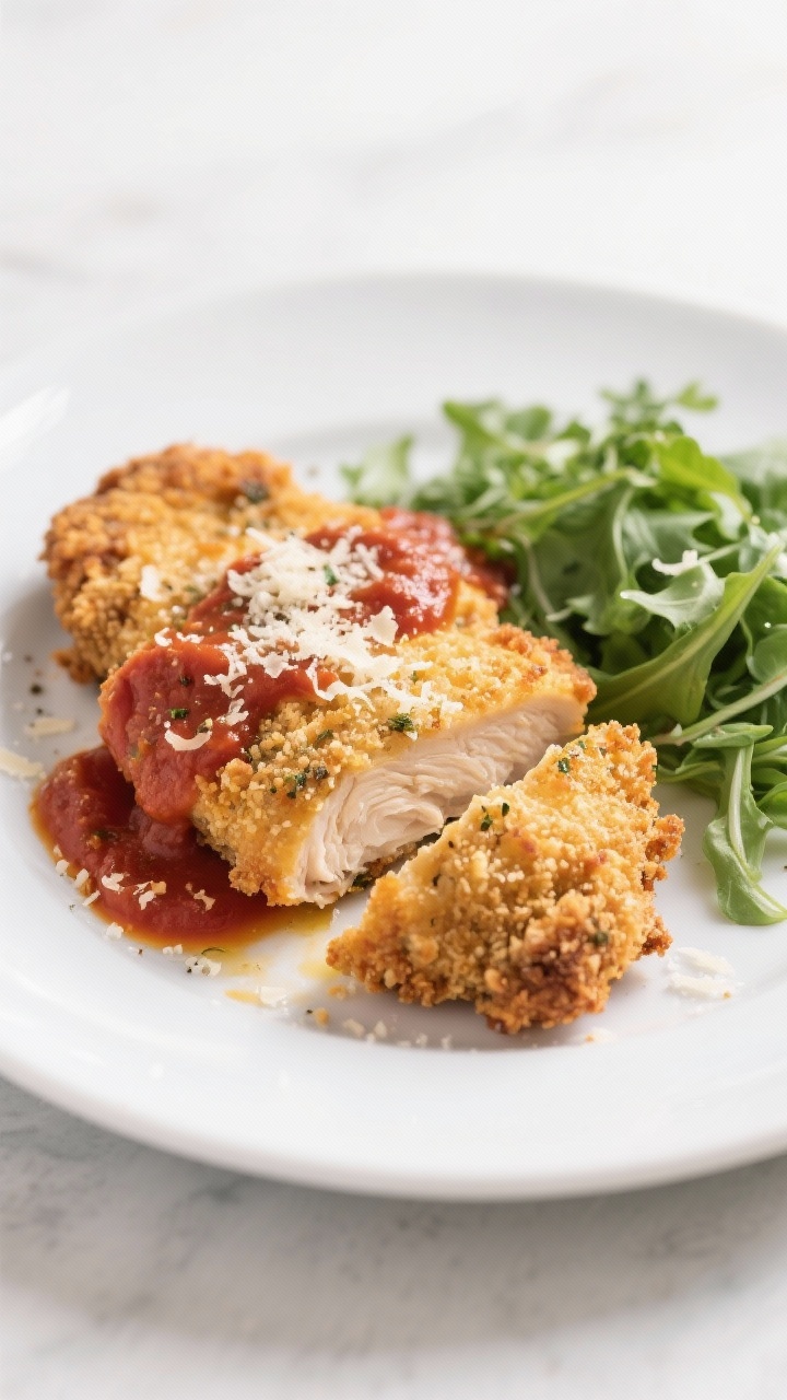 Straight-on plated shot of crispy air fryer chicken Parmesan: golden whole-wheat panko and Parmesan crusted chicken cutlets with visible Italian seasoning, topped with a light ladle of marinara and a sprinkle of freshly grated Parmesan. Serve on a shallow white plate with a side of simply dressed arugula. Show the cut surface revealing juicy interior, a fine mist sheen suggesting olive oil spray, clean modern background, high-contrast lighting for crunch.