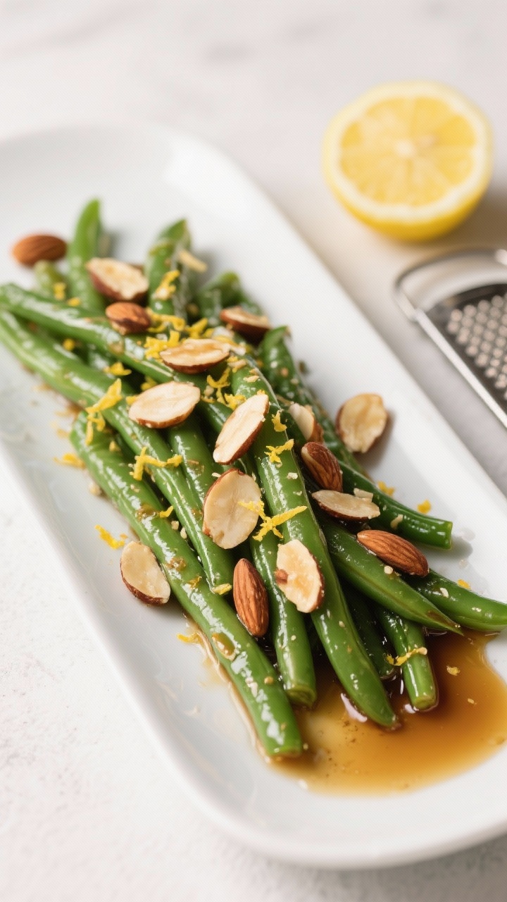 Straight-on plated shot of green bean almondine: vibrant green beans glistening in lemon brown butter, topped with toasted sliced almonds and a few thin slices of garlic. Lemon zest sprinkled over and a small pool of browned butter at the base reflecting light. Presented on a long white platter with a lemon half and micro zester in the background, clean and elegant.