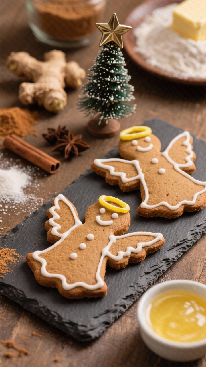 Straight-on portrait of Gingerbread Angel Cut-Outs lined on a slate: warmly spiced angels with crisp edges, lightly bronzed surface, decorated with fine white lemon icing details (halos, wings, dots); ingredients in soft focus—ginger, cinnamon, cloves, baking soda, brown sugar, softened butter, flour, and a small bowl of lemon glaze; a vintage tin star tree-topper prop for 1950s mood; warm, cozy lighting to bring out spice tones.