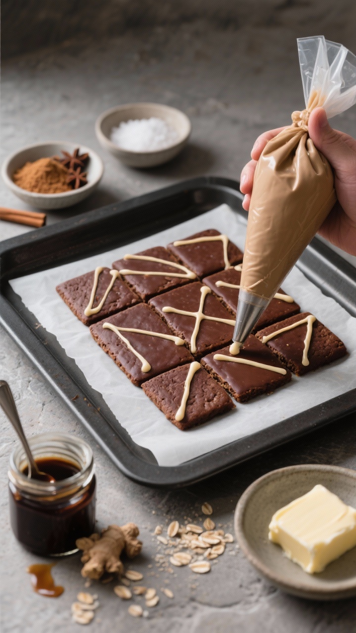 Straight-on process scene for “Ginger-Molasses Tiles With Matte Oat Icing”: rectangular ginger-molasses cookie tiles lined on a parchment-covered sheet, deep mahogany color with clean edges. A piping bag applies a matte oat-colored icing in minimalist geometric lines; nearby bowls show ground ginger, cinnamon, cloves, baking soda, fine sea salt, and softened butter. Include a small jar of dark molasses with a spoon trail. Neutral Scandinavian styling: matte charcoal baking tray, stone surface, soft diffused light. Capture contrast between glossy cookie surface and flat, matte oat icing, with a few finished tiles upright on a stand for depth.