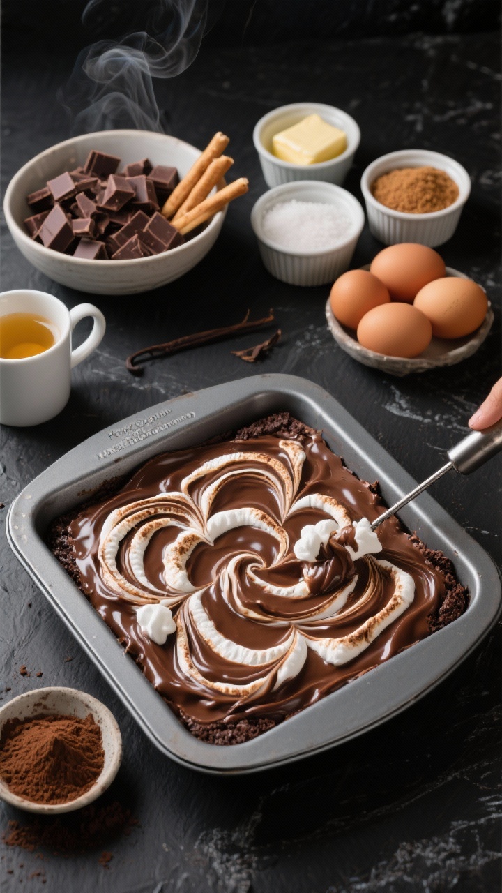 Straight-on process shot of “Hot Cocoa Marshmallow Swirl Brownies (Mugs Optional)”: batter in a metal baking pan with dramatic ribbons of melted semisweet chocolate and gooey marshmallow swirl pulled through with a skewer, glossy and thick; beside it, a bowl of chopped semisweet chocolate, sticks of unsalted butter, granulated and brown sugar in ramekins, three eggs, vanilla extract, and a small dish of cocoa powder; dark slate background for high contrast, steam subtly rising for a hot-cocoa vibe, emphasis on the luscious swirl texture.