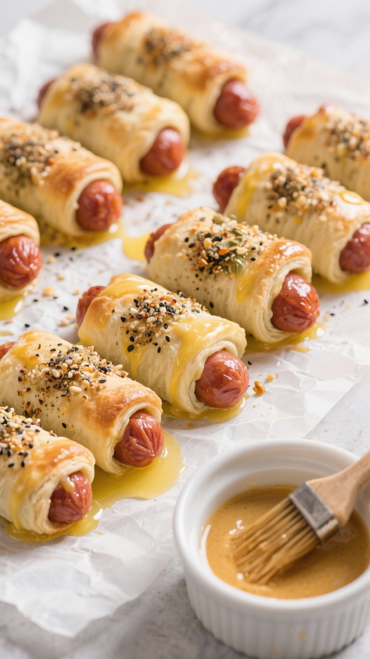 Straight-on process shot of maple-Dijon pigs in a blanket on parchment: mini smoked sausages wrapped in puff pastry brushed with beaten egg, seams sealed, sprinkled generously with everything bagel seasoning (with optional poppy seeds visible); a small ramekin of Dijon mixed with maple syrup and a pastry brush nearby, ready-to-bake look with neat rows and clean lines.