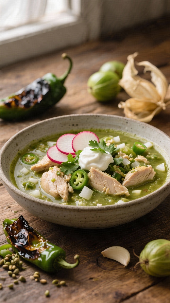 Straight-on rustic presentation of “White Chicken Chili Verde With Tomatillos and Poblanos”: tender chicken thighs in a verdant tomatillo-poblano-jalapeño verde broth with diced white onion and garlic; served in a matte stoneware bowl, topped with thinly sliced radishes, cilantro, and a dollop of crema; roasted poblano skin and tomatillo seeds visible for texture; charred poblano and husked tomatillos scattered in the background, earthy wood surface, soft window light for a green, savory mood.