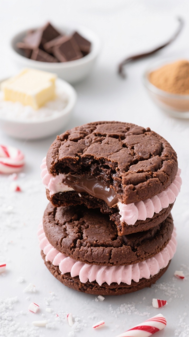 Christmas Brownie Cookies: the Cutest Holiday Treat You’ll Bake All Season Straight-on sandwich stack shot of Brownie Cookie Sandwiches With Peppermint Buttercream: pairs of glossy, crinkle-topped semisweet chocolate brownie cookies filled with pale pink peppermint buttercream, clean piped edges visible. One cookie sandwich is bitten to reveal fudgy interior and creamy center. In the background, small bowls of chopped semisweet chocolate, butter, granulated and light brown sugar, and vanilla extract hint at ingredients. Minimalist styling, crisp highlights, cool winter palette with a sprinkle of crushed candy cane for pop.