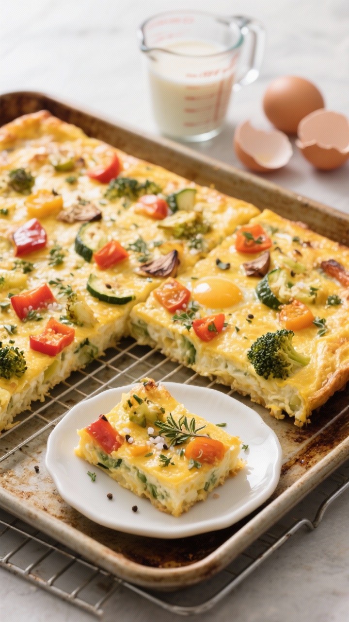 Healthy and Delicious Leftover Recipes for the Whole Family You’ll Make on Repeat Straight-on sheet-pan frittata fresh from the oven on a cooling rack: a golden, puffed egg slab studded with chopped leftover roasted veggies (peppers, zucchini, broccoli), flecks of dried Italian herbs/oregano, seasoned with sea salt and black pepper; sliced squares on the pan with one piece plated on a white ceramic plate, soft custardy interior visible; a measuring cup with milk/almond milk and cracked eggshells in the background; minimal props, warm morning light emphasizing the silky set eggs.