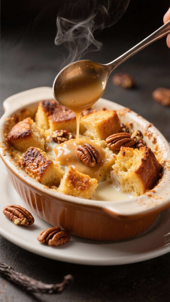 Straight-on shot of Bourbon Vanilla Bread Pudding in a ceramic baking dish: golden, puffed brioche cubes soaked in custard of whole milk, heavy cream, eggs, vanilla, and a hint of bourbon; toasted pecans scattered on top, edges caramelized; a ladle drizzling vanilla-bourbon sauce over a plated serving; cozy, amber-toned light, steam visible, crisp texture on toasted tops.
