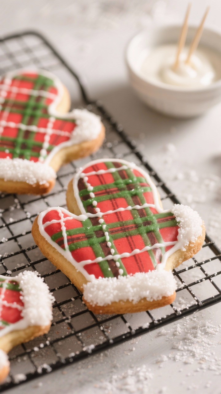 Straight-on shot of Cozy Plaid Mitten cookies on a cooling rack, decorated using wet-on-wet technique to form red, green, and white plaid patterns; cuffs dipped in white royal icing and coated with white sanding sugar for a fuzzy cuff effect; a small bowl of icing and toothpicks in the background to hint at the wet-on-wet method; soft, warm lighting for a snuggly winter mood.