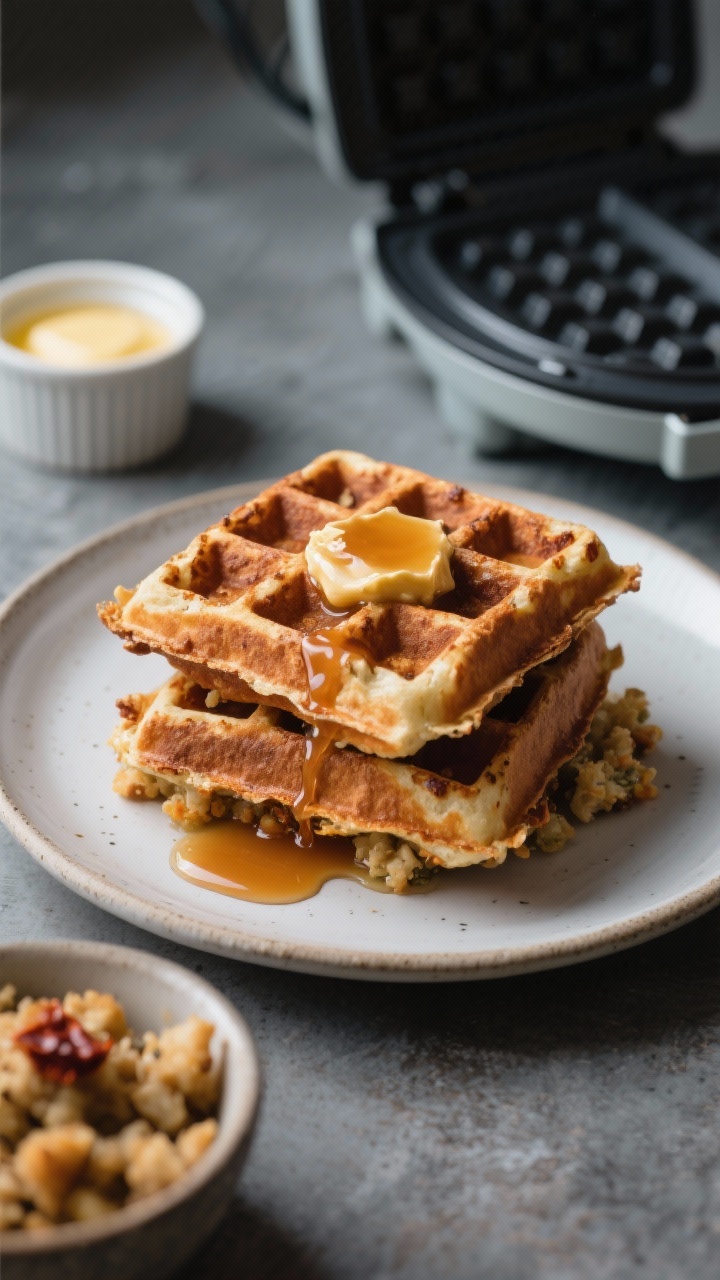 Straight-on shot of crisp, gridded stuffing waffles stacked on a plate, edges deeply browned and textured. A pat of maple chili butter melting into the squares, glossy drizzle pooling. Props include a small bowl of leftover stuffing, a ramekin of melted butter, and a waffle iron in the background. Moody morning light, shallow depth of field.