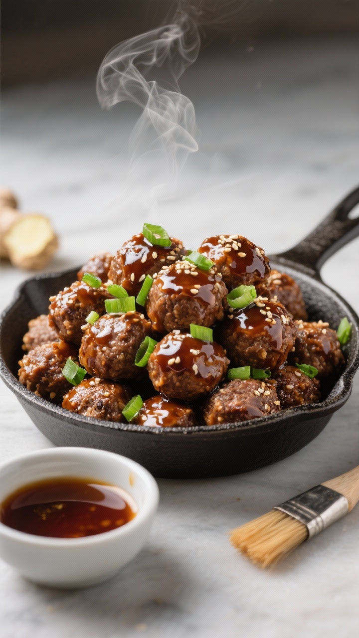 Straight-on shot of maple-soy cocktail meatballs piled high in a shallow skillet: glossy, lacquered meatballs made from ground beef with panko, egg, milk, garlic, and fresh ginger, coated in a sticky maple-soy glaze; finished with a bright ginger-scallion sprinkle; steam rising subtly, sesame seeds optional; a small bowl of extra glaze and a brush nearby; rich, savory-sweet mood with deep browns and fresh green scallions popping.