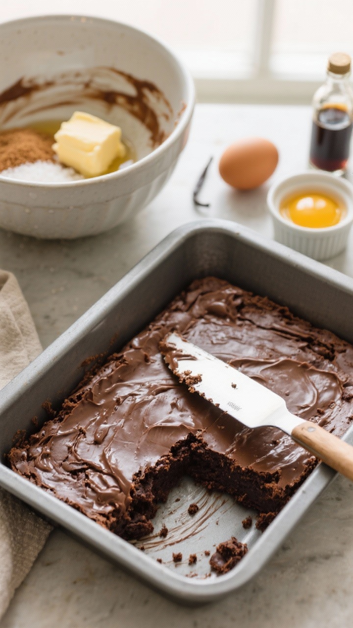 Straight-on shot of one-bowl weeknight brownies cooling in a metal baking tin, knife pulled out of a clean slice with fudgy crumbs clinging. Emphasize the easy method: a single mixing bowl in frame with a rubber spatula, smears of batter, and visible ingredients—melted unsalted butter, granulated sugar, light brown sugar, two eggs plus one yolk in a ramekin, and a bottle of vanilla extract. Casual, cozy weeknight vibe with natural window light; focus on approachable, moist texture and minimal fuss.