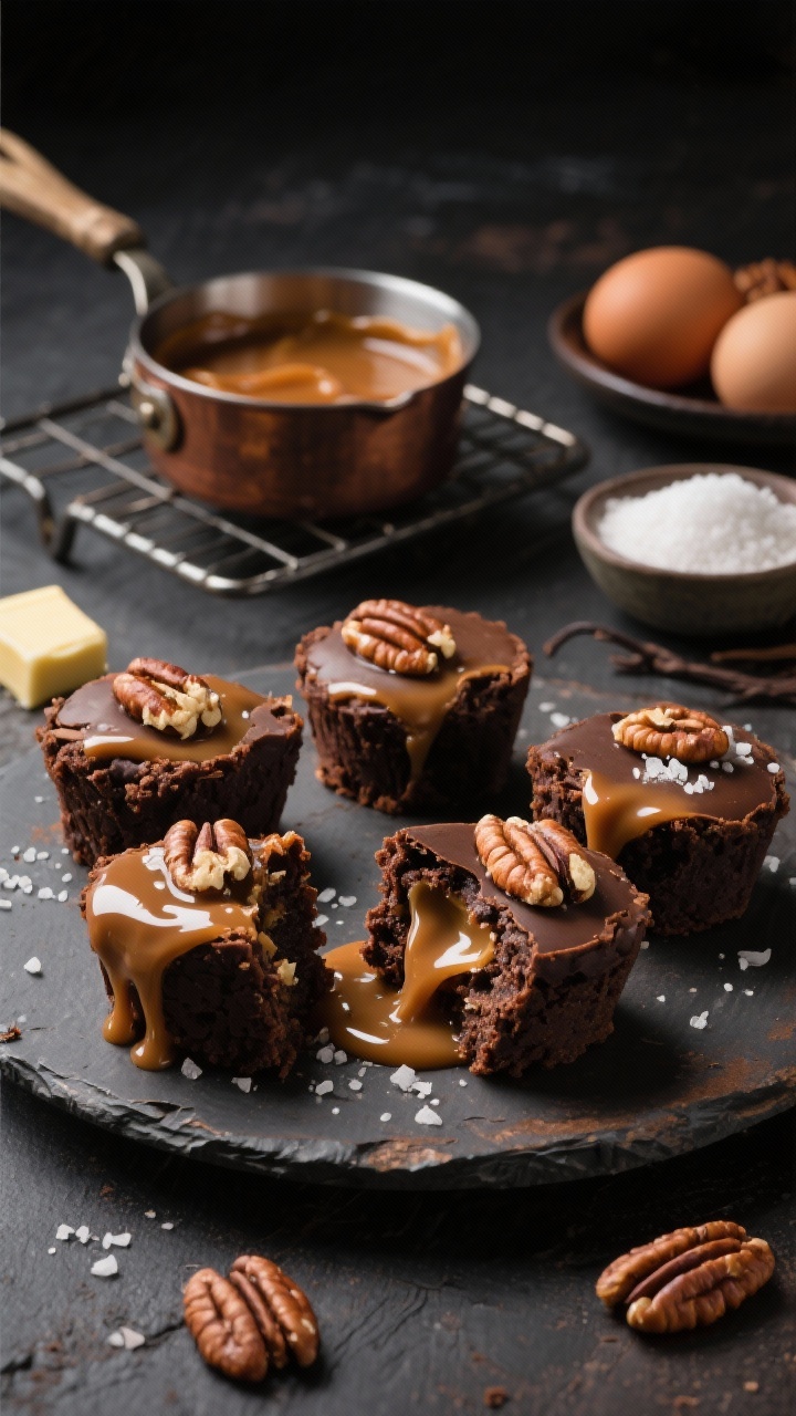 Christmas Brownie Bites That Are Perfect for Parties (and Disappear Fast) Straight-on shot of Salted Caramel Pecan Brownie Bites with gooey centers torn open to reveal flowing caramel: glossy semi-sweet chocolate crumb, toasted pecan halves embedded on top, visible flakes of sea salt; a small saucepan of warm caramel and a dish of pecans placed beside a cooling rack; ingredients echoed in frame include butter pat, granulated sugar, two eggs, vanilla, and a small bowl of flour; moody lighting with highlights on the caramel pull, rustic dark background to emphasize shine and texture.