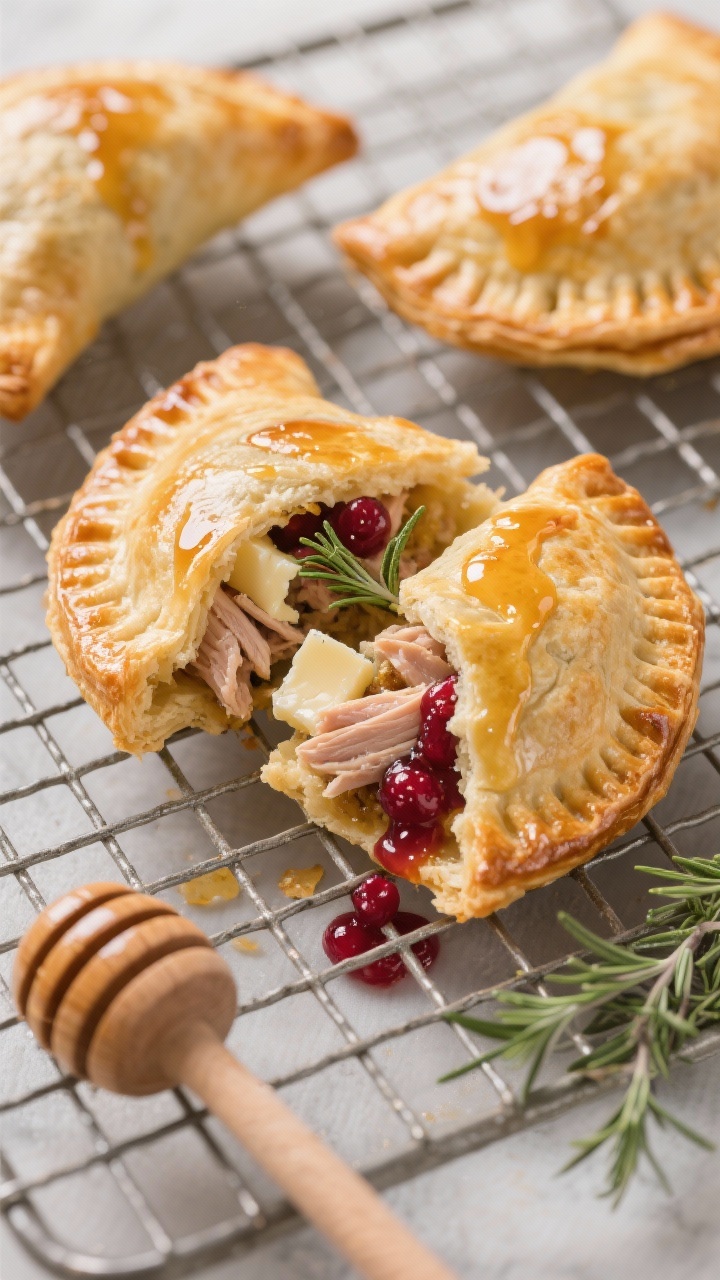 Straight-on shot of Savory Turkey and Brie Hand Pies: puff pastry turnovers with glossy egg-wash shine, flaky layers bursting at the seams. A cut-open pie reveals chopped turkey, gooey brie, and a ribbon of cranberry sauce, finished with a thyme honey drizzle. Cooling rack setting, honey dipper and thyme sprigs nearby.