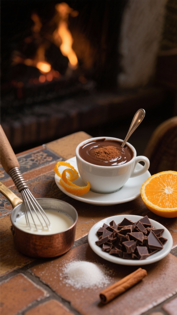 Straight-on shot of Spanish-style sipping chocolate served in small demitasse cups, ultra-thick and glossy, with a faint sheen of oil from 70% dark chocolate. Dust of ground cinnamon on top, a curl of orange zest resting on the saucer. In the foreground, a small saucepan shows a cornstarch slurry being whisked into 3 cups whole milk; beside it are 6 ounces finely chopped dark chocolate, 3 tablespoons sugar, a cinnamon stick, and fresh orange with zest removed. Warm fireplace ambiance with rustic tiles, moody shadows, and a spoon standing upright to emphasize the luxurious thickness.