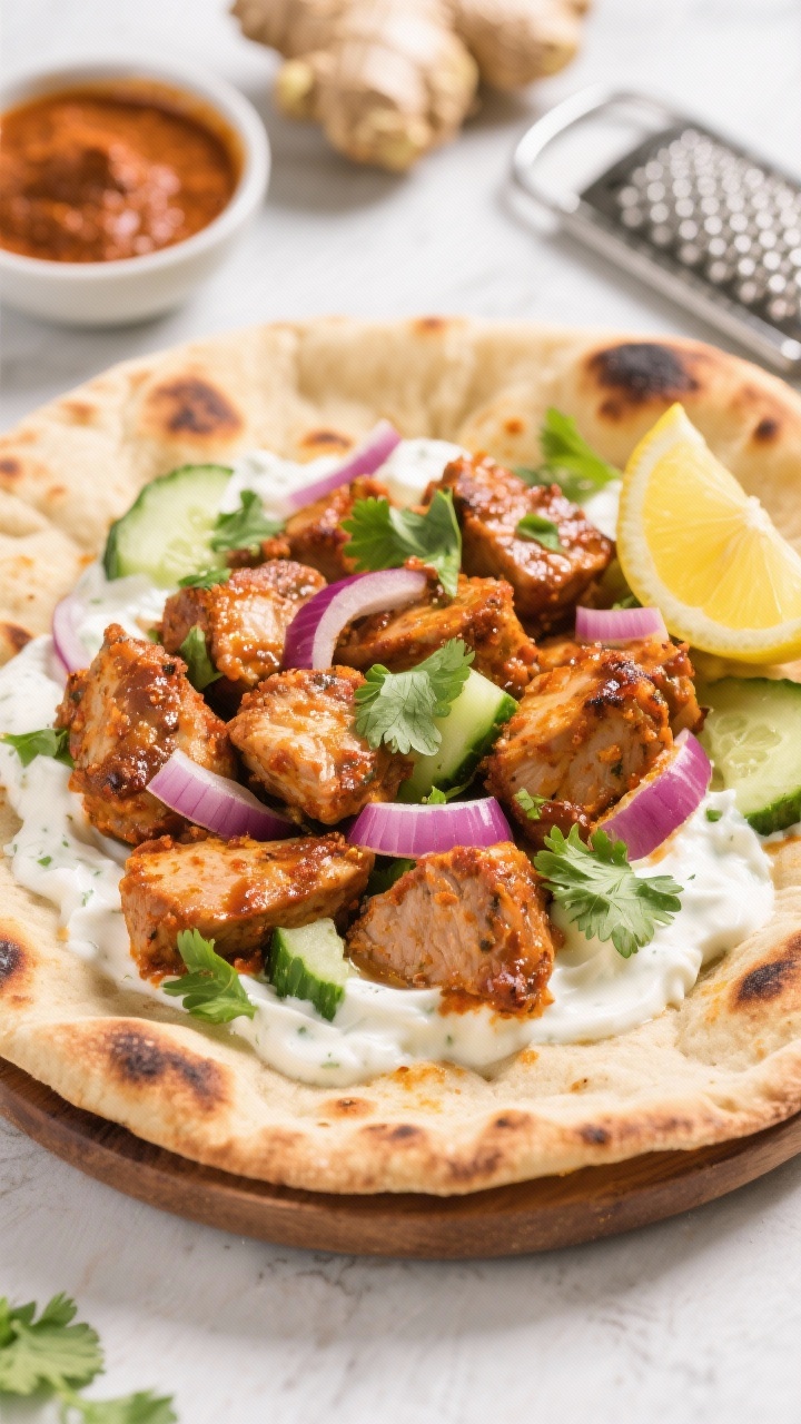 Straight-on shot of Turkey Tikka Flatbreads: warm flatbreads piled with yogurt- and tikka-spiced turkey cubes, glossy from marinade, garnished with cucumber raita, red onion, cilantro, and a squeeze of lemon. Charred edges on flatbread, a small bowl of tikka paste and a grater with ginger in the background, vibrant colors, bright light.