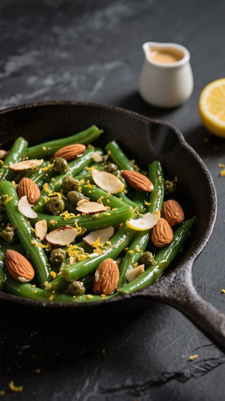 Cozy & Flavorful Vegan Thanksgiving Recipes Everyone Will Love—no Turkey Required Straight-on skillet action shot: Green bean skillet with vibrant, just-tender green beans tossed in olive oil, topped with toasted sliced almonds, shatter-crispy brined capers, thinly sliced garlic chips, and a glossy lemon-tahini drizzle. Lemon zest flecks sparkle over the beans; a small pourer of tahini sauce and halved lemon off to the side. Cast-iron skillet on a dark slate surface, high contrast, sharp highlights on the almonds and capers to emphasize crunch.