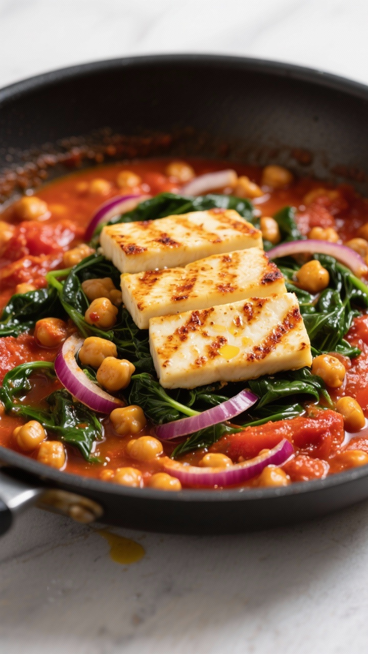 7 One-pan Dinners That Make Clean-up Effortless (and Weeknights Easier) Straight-on skillet portrait of a harissa chickpea stew with golden, seared halloumi planks on top. Chickpeas simmered with tomato paste, harissa paste, and thinly sliced red onion; wilted spinach swirled through, creating red-orange and emerald contrasts. Olive oil drizzled, halloumi edges blistered and browned. Minimalist background, intense, spicy warmth conveyed.