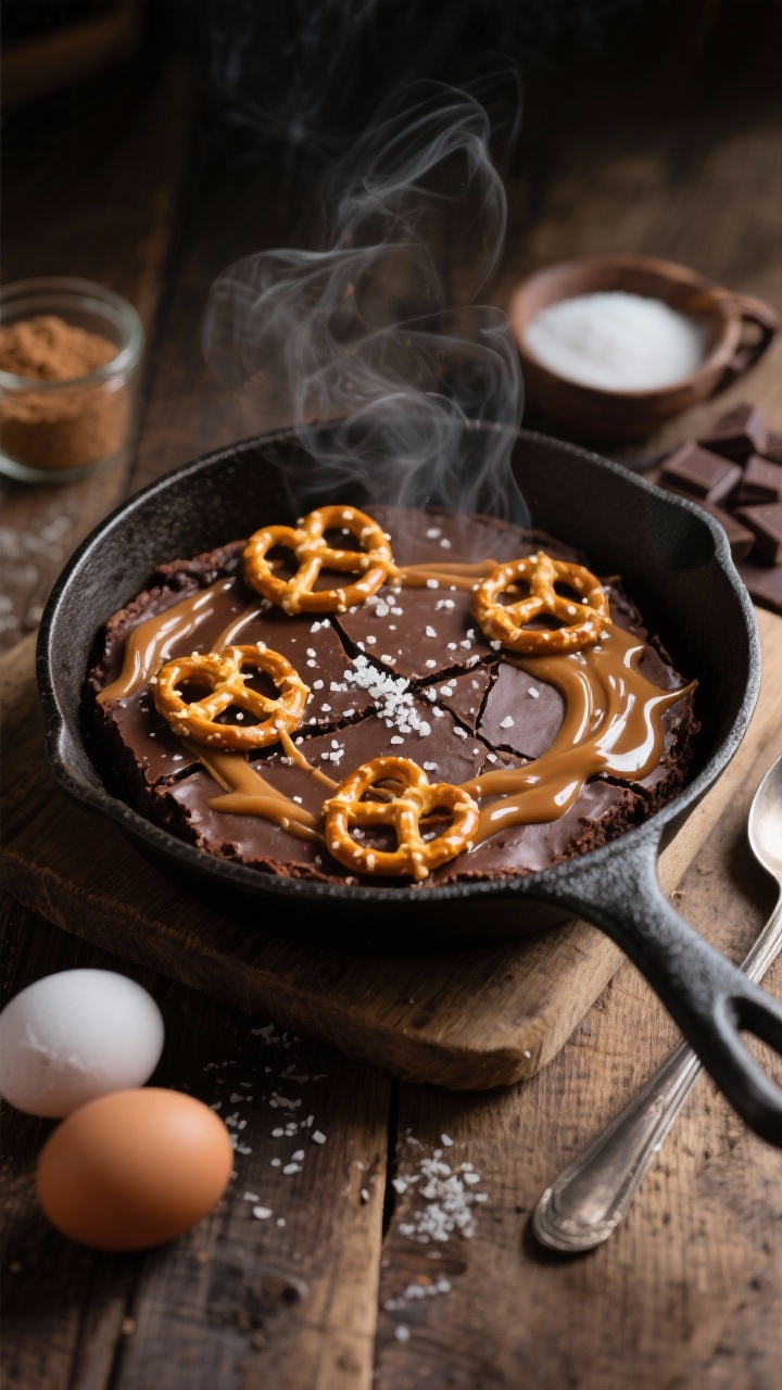 Straight-on skillet presentation of Salted Caramel Pretzel Skillet Brownies: a cast-iron skillet filled with glossy bittersweet brownie, ribbons of molten salted caramel pooled in cracks, topped with golden pretzel twists and a sprinkle of flaky sea salt. Steam subtly rising. Ingredients in soft focus: brown sugar, granulated sugar, vanilla extract, chopped chocolate, and eggs. Rustic wood table, moody side light emphasizing gooey texture, a serving spoon resting beside for that “hand me a spoon” vibe.