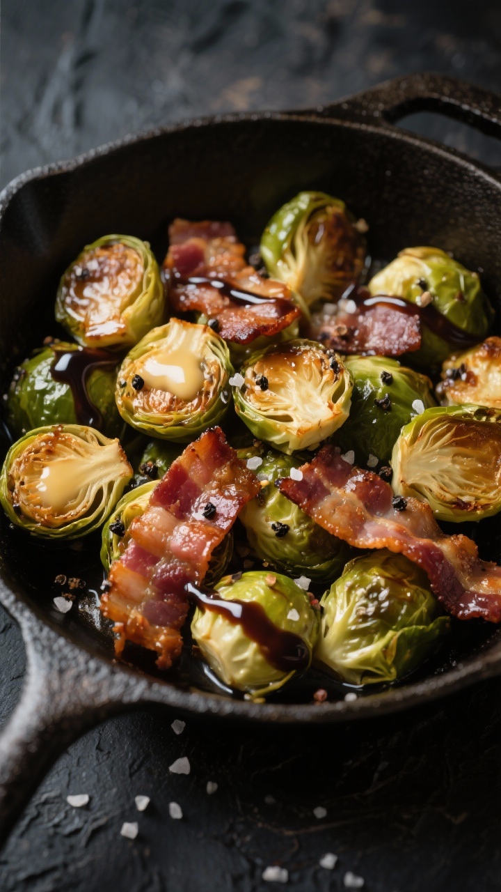 Straight-on skillet scene of honey-butter Brussels sprouts with crispy bacon: halved sprouts deeply caramelized, glistening with honey-butter, interspersed with mahogany-crisp bacon pieces; a glossy balsamic drizzle zigzags over, coarse black pepper visible, and a sprinkle of kosher salt crystals; cast-iron pan on a dark textured surface, highlights emphasizing lacquered sheen.