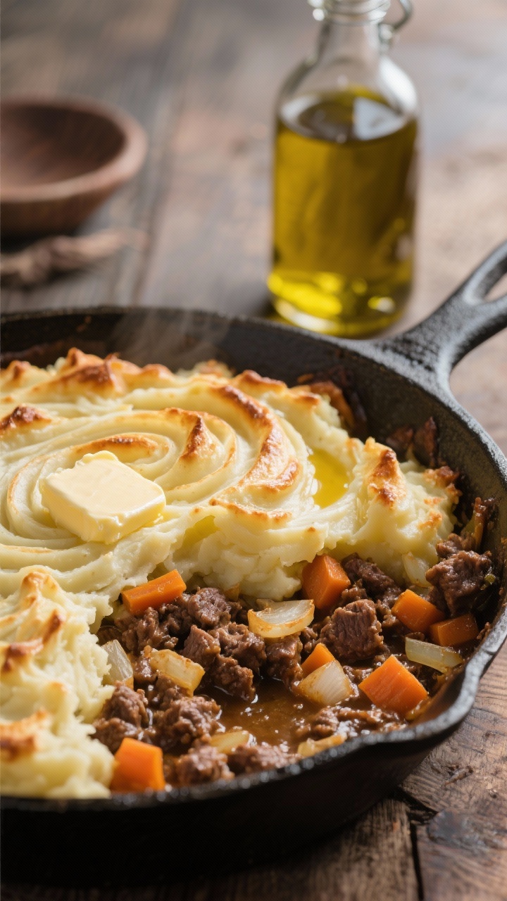 Straight-on skillet scene of mashed potato shepherd’s pie: bubbling ground beef/lamb with diced onion and carrots in a cast-iron pan topped with swirled, lightly browned mashed potatoes; a pat of butter melting into the potato topping, olive oil bottle nearby, rustic weeknight comfort vibe, rich, cozy lighting highlighting the glossy gravy and crisp potato peaks.