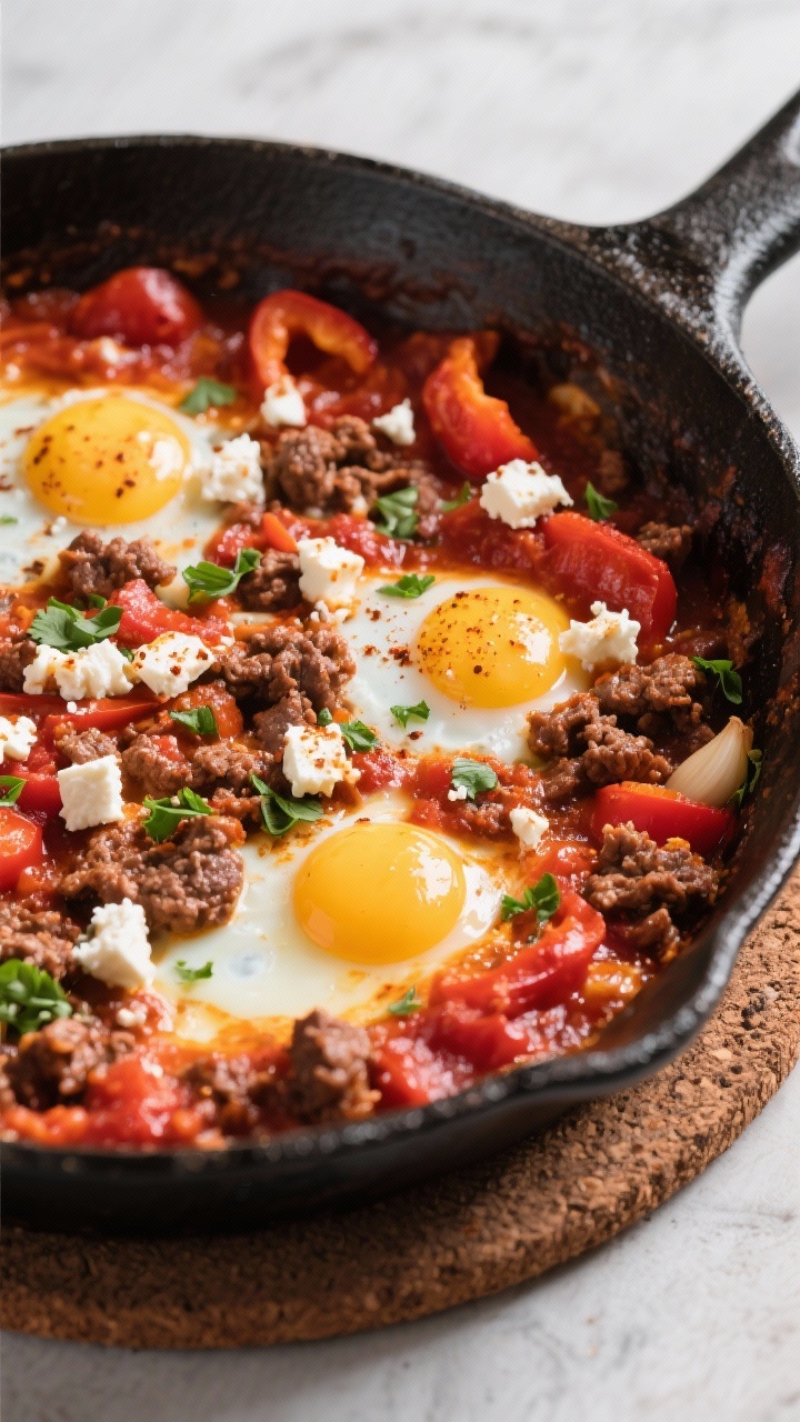 9 Leftover Ground Beef Dinners Ready in Under 20 Minutes You’ll Crave Straight-on skillet scene of one-pan beef shakshuka with feta: chunky tomato and red bell pepper sauce scented with garlic, smoked paprika, cumin; nests of sauce holding soft eggs and scattered crumbles of feta, cooked ground beef folded through; edges bubbling, rustic cast-iron on a trivet, sprinkled parsley, rich reds and whites contrasting, inviting brunch vibe.
