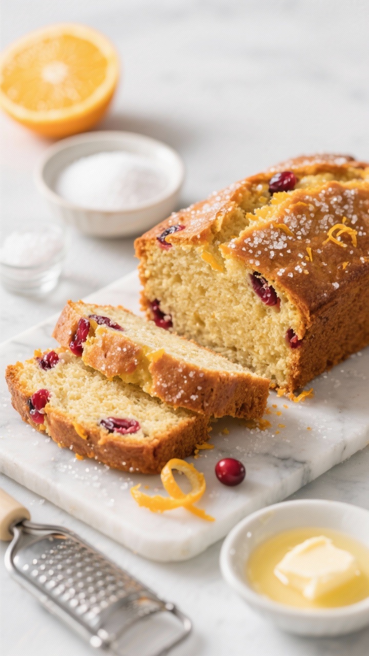Classic Christmas Baking Ideas Everyone Will Love, With Zero Stress and Maximum Cheer Straight-on slice-and-loaf presentation of cranberry orange quick bread on a marble slab: golden crust showered with sparkling sugar, slices revealing ruby cranberries and vivid orange zest flecks. A zester with curls of fresh orange zest, a small bowl of granulated sugar, baking powder and fine salt pinch bowls, and a dish of melted unsalted butter nearby. Soft morning light, minimal styling to highlight moist crumb and citrus-cranberry brightness.