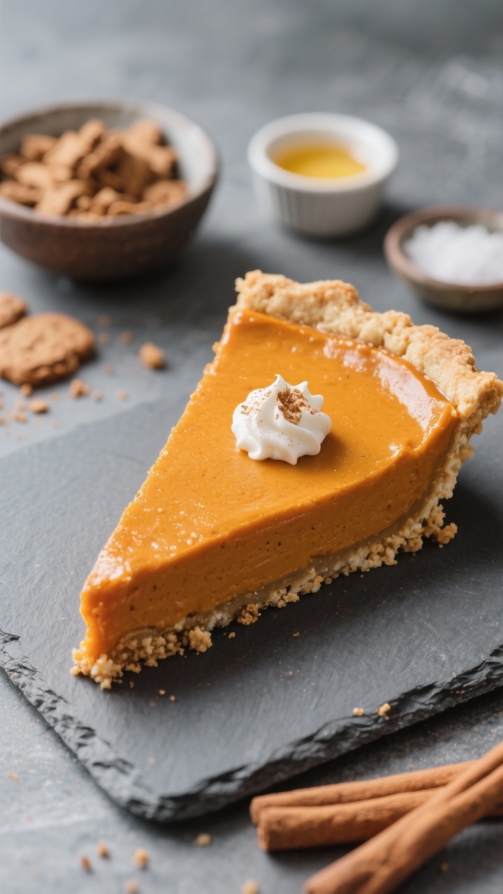 Straight-on slice shot of silky pumpkin pie with a tightly packed spiced gingersnap cookie crust—crumbly edges visible—showcasing a smooth, deep-orange pumpkin filling made with pumpkin purée and brown sugar; topped with a whisper of cinnamon and a tiny dollop of whipped cream; background props include a bowl of crushed gingersnaps, melted butter in a ramekin, and a pinch bowl of salt; set on a cool slate surface with soft diffused light for a clean, modern holiday feel.
