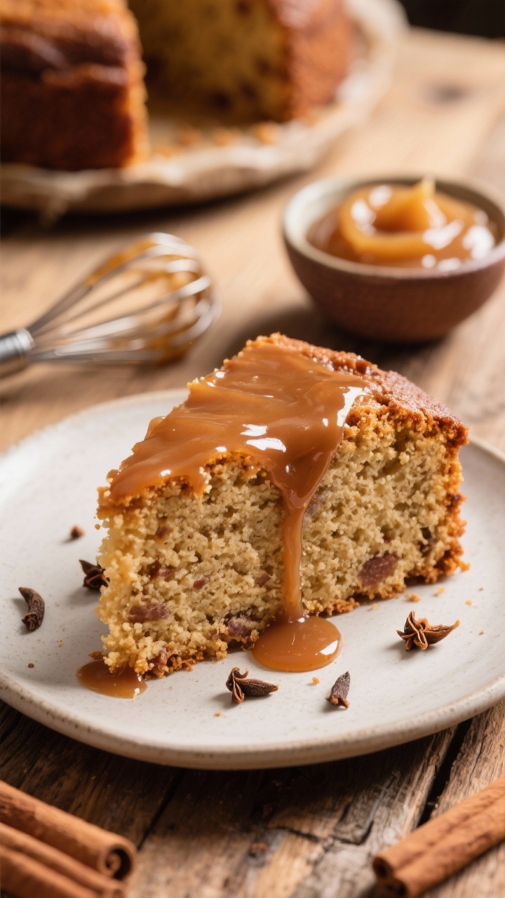 Straight-on slice shot of spiced applesauce cake on a simple plate: tender crumb with cinnamon, nutmeg, and cloves visible, glossy brown sugar glaze dripping down the sides; a small bowl of applesauce and a whisk with glaze nearby, set on a rustic wooden table with warm directional light.