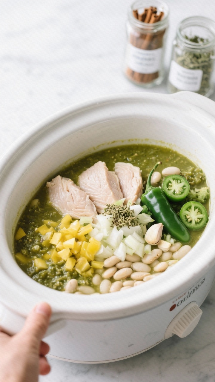 Straight-on slow cooker scene for verde white chicken chili that practically cooks itself: crock insert filled with chicken breasts, finely chopped yellow onion, chopped poblano, minced garlic, cumin, and tomatillo salsa verde pooling around white beans; ingredients layered and ready to cook, no hands visible; labeled jars of cumin and dried oregano in soft focus behind; cool, bright light highlighting the green-tinged broth and raw ingredient freshness; a minimalist, organized prep mood.