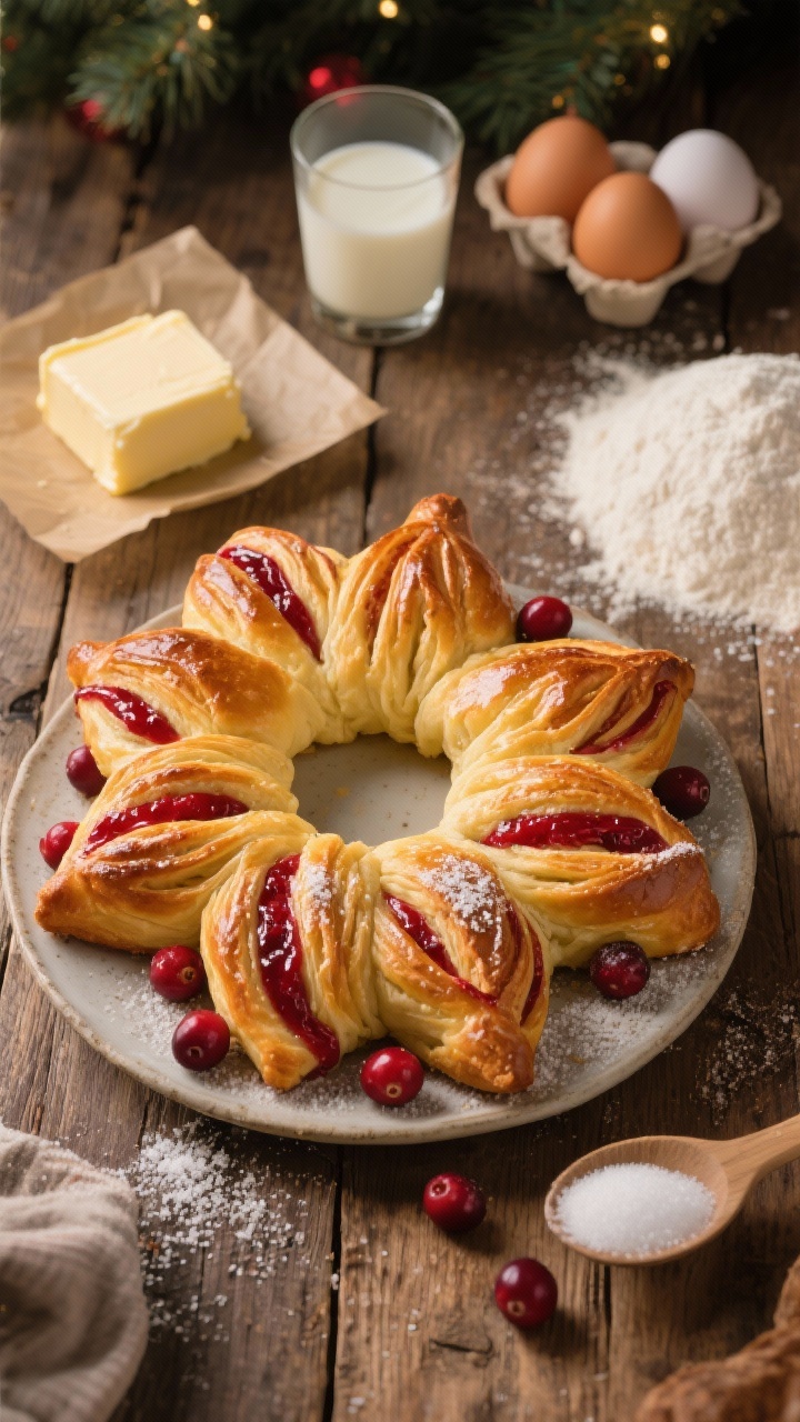 Straight-on styled final presentation of a butter-star brioche wreath with cranberry jam twists: a glossy, deeply golden star-shaped brioche with visible laminated-style layers and crimson jam ribbons peeking through each twist. Garnish with a few fresh cranberries and a light sugar dusting. Surround with key elements: a pat of unsalted butter on parchment, warm whole milk in a glass, eggs in a carton, sugar, instant yeast, fine salt, and bread flour in a mound. Shot on a rustic wooden table with a holiday feel, gentle side lighting to emphasize buttery sheen and intricate shaping.