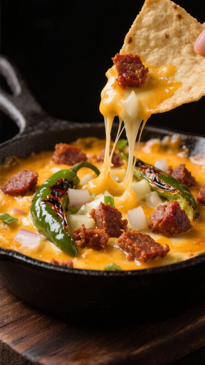Straight-on, tight shot of cheesy chorizo queso fundido in a small cast-iron pan: browned crumbles of fresh Mexican chorizo folded into stretchy melted Oaxaca (or mozzarella), with strips of roasted poblano and finely diced sautéed onion, hints of minced garlic glistening in olive oil. Cheese pull in the center with a lifted tortilla chip showing strings of cheese. Charred poblano skin and reddish chorizo oil add color contrast. Warm tavern vibe, dark background, focused highlights on glossy cheese and chorizo, no people.
