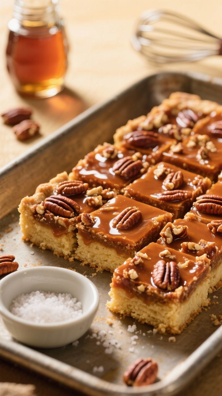 Straight-on tray shot of maple pecan pie bars: glossy pecan-studded top with deep amber maple-corn syrup sheen, clean-cut squares revealing buttery shortbread base; a pinch bowl of flaky vanilla salt ready to sprinkle, maple syrup jar and whisk in the background, warm golden light.