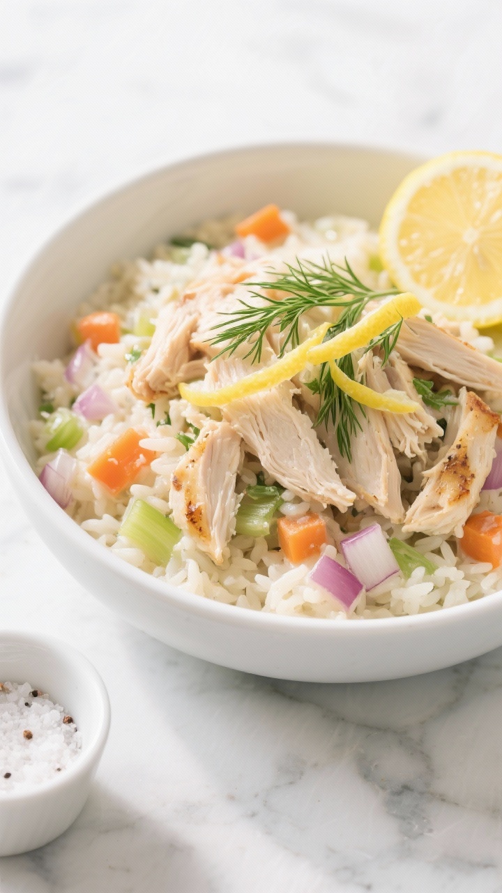 Straight-on, weeknight-friendly bowl of rotisserie creamy chicken and rice with lemon-dill: a bright, clean composition featuring shredded rotisserie chicken piled generously in a creamy rice base, finely diced onion, carrot, celery, and garlic integrated, garnished with fresh dill fronds and thin lemon zest ribbons; light olive oil sheen, kosher salt pinch cup, and a lemon wedge on the side; crisp daylight, simple white bowl on a marble surface to convey quick, fresh weeknight energy.