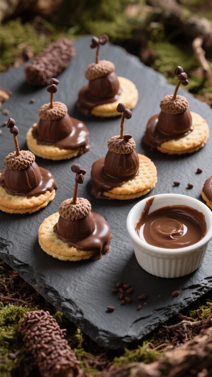 Straight-on whimsical shot of chocolate-dipped acorn cookies: chocolate kisses attached to mini vanilla wafers with melted chocolate, mini chocolate chips as stems, some rolled in chocolate sprinkles; arranged on a slate board like a forest floor, with a ramekin of melted chocolate to the side.