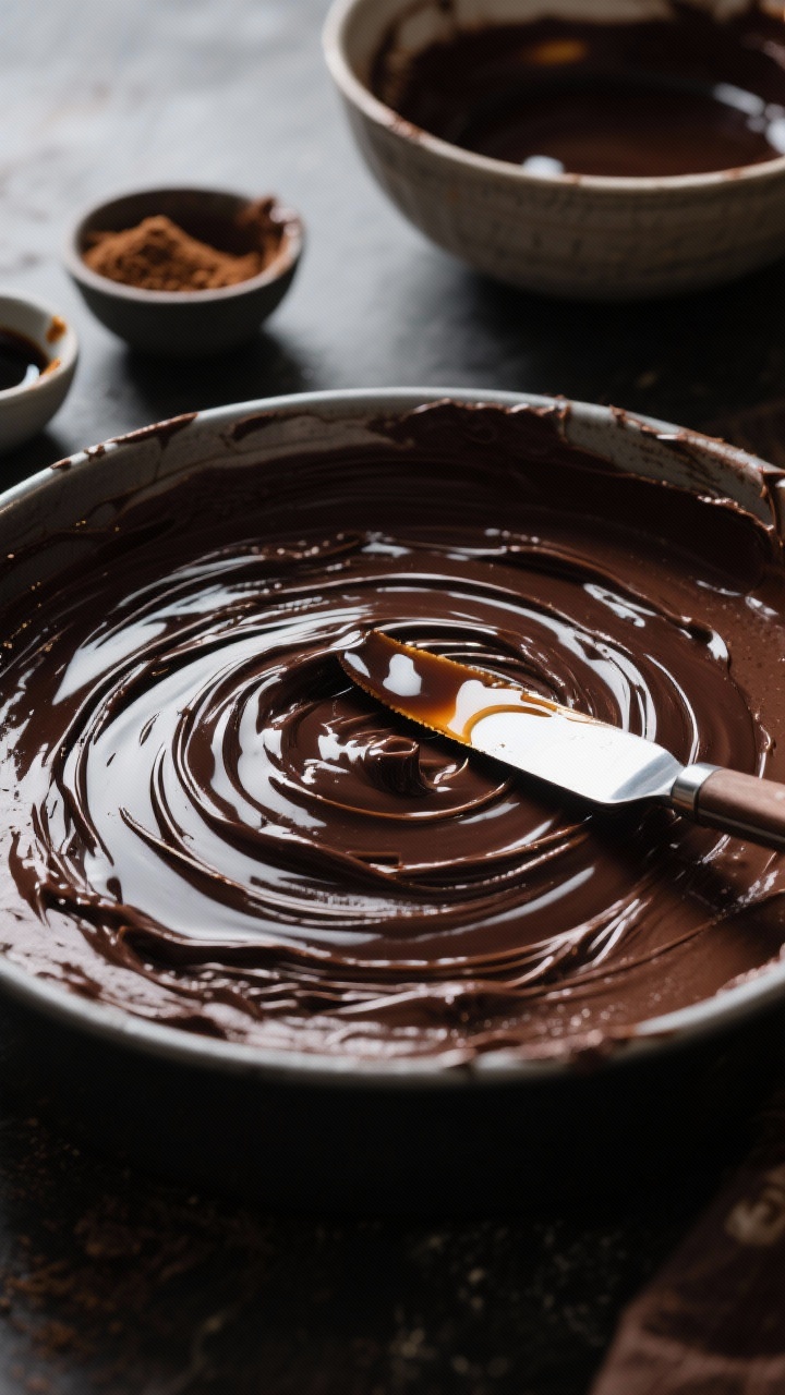 The camera captures thick, contrasting streaks of inky molasses against the chocolate batter, with a palette knife resting nearby showing the swirling motion. Style with small prep bowls containing extra molasses and dark brown sugar, and the original batter bowl in the background slightly blurred; moody lighting emphasizes sticky shine and December warmth.