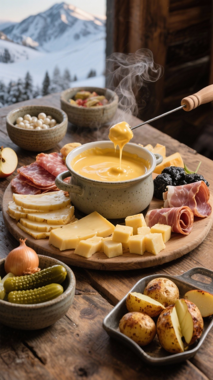 Three-quarter (45-degree) shot of an Alpine fondue-inspired charcuterie spread centered on a small warm pot of melted cheese dip, surrounded by raclette slices, cubed Comté or gruyère, neatly stacked soppressata or speck, rolled black forest ham, a bowl of cornichons, pickled pearl onions, and crisp honeycrisp apple slices. Include a tray of crackling roasted baby potatoes with split tops ready for dipping; steam gently rising. Set on rustic wood with stoneware bowls, snowy mountain lodge mood, golden fondue sheen, tack-sharp focus on gooey dip and potato textures.
