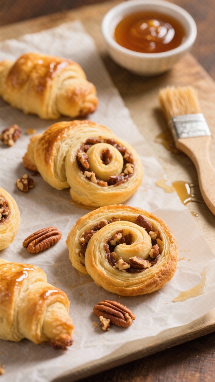 Three-quarter angle shot of maple pecan rugelach spirals on a parchment-lined sheet, golden and flaky with a visible spiral of maple-pecan filling glistening; a small bowl of chopped pecans, a dish of maple syrup, and a pastry brush with a light maple glaze sheen; warm, golden-hour light to accentuate lamination and caramelized edges.