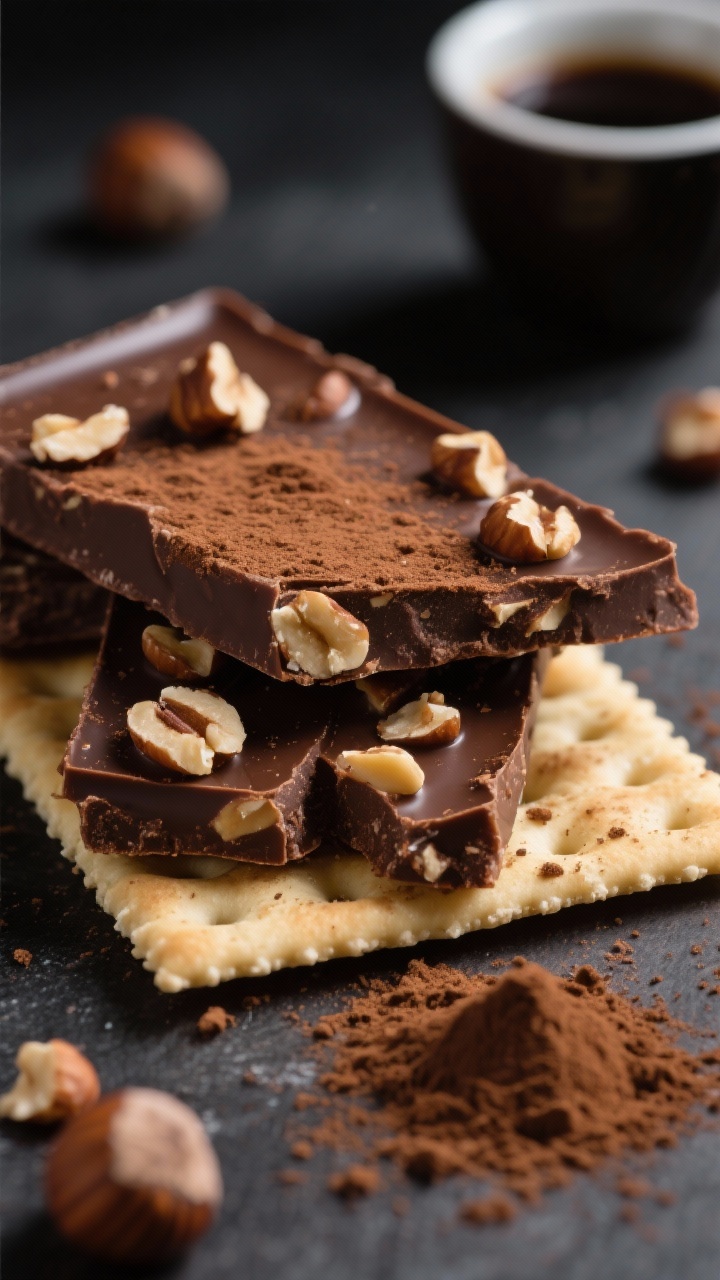 Tight close-up macro of Mocha Hazelnut Cracker Toffee broken into irregular shards: butter cracker or saltine base under a deep bittersweet chocolate cap infused with instant espresso powder, studded with toasted chopped hazelnuts. Coffee grounds and a tiny heap of espresso powder sprinkled artfully on the surface, with a small cup of dark brewed espresso out of focus in the background. Emphasize the rich cocoa color, nutty texture, and slight sheen on the chocolate, shallow depth of field, dramatic side lighting for a luxurious, coffee-lover mood.