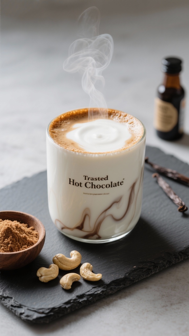 Tight close-up of a Toasted White “Hot Chocolate” With Espresso made with creamy cashew milk: velvety white chocolate–like appearance from cashew base, espresso marbling through, lightly sweetened with coconut sugar creating a caramel-tan rim on the foam. Include a small bowl of coconut sugar, raw cashews (some soaked), and a vanilla extract bottle in the background on a matte slate board; subtle steam, high contrast highlights to emphasize creaminess, minimalist modern styling, no people.
