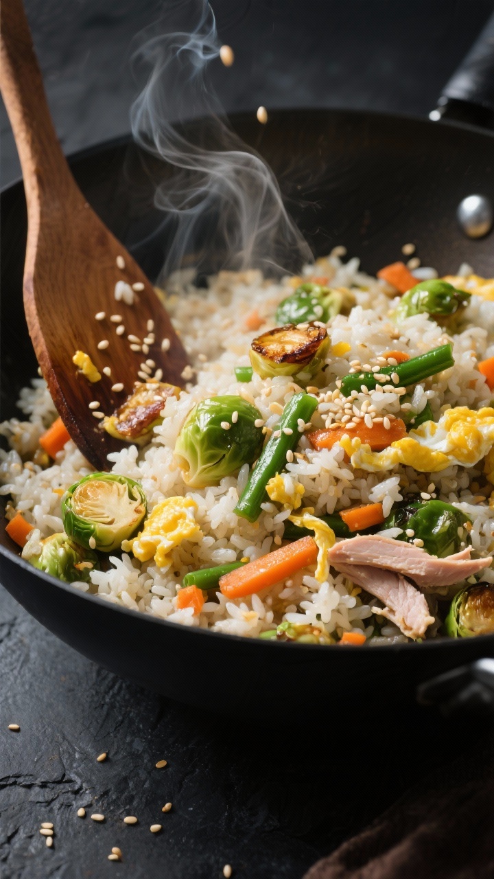 10 Easy Thanksgiving Leftover Recipes You Can Make in Under 20 Minutes—you’ll Crave These Wok action shot at 45 degrees: leftover veggie fried rice with toasty sesame and egg—fluffy cold rice tossed with chopped roasted Brussels sprouts, carrots, green beans, optional shredded turkey, ribbons of scrambled egg, and a drizzle of soy-sesame; sesame seeds sprinkled on top, steam rising, a wooden spatula mid-toss, dark slate background.