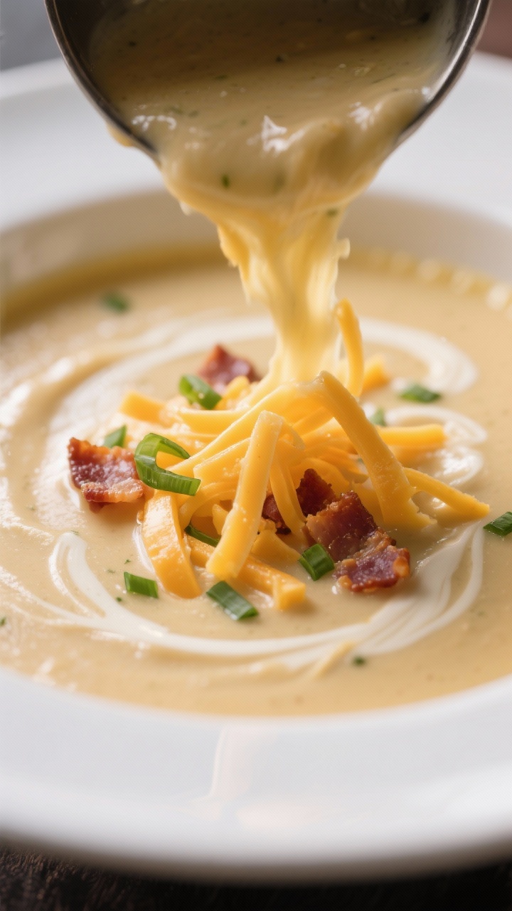 Cheese-melt moment — Off-heat finish: Close-up of freshly shredded sharp cheddar being stirred in 