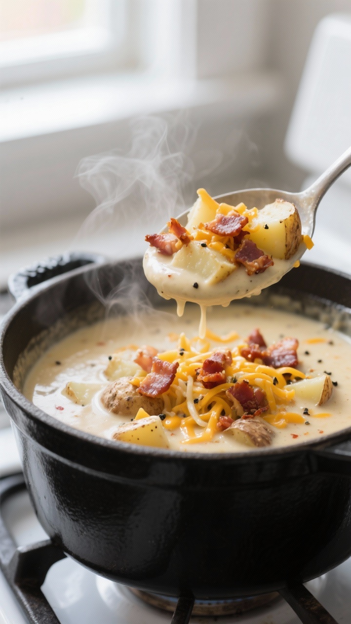Loaded Baked Potato Soup for the Ultimate Comfort Bowl: Creamy, Cheesy, Bacon-Loaded Magic You’ll Make on Repeat Close-up detail: A creamy ladle of loaded baked potato soup being lifted from a Dutch oven, showing