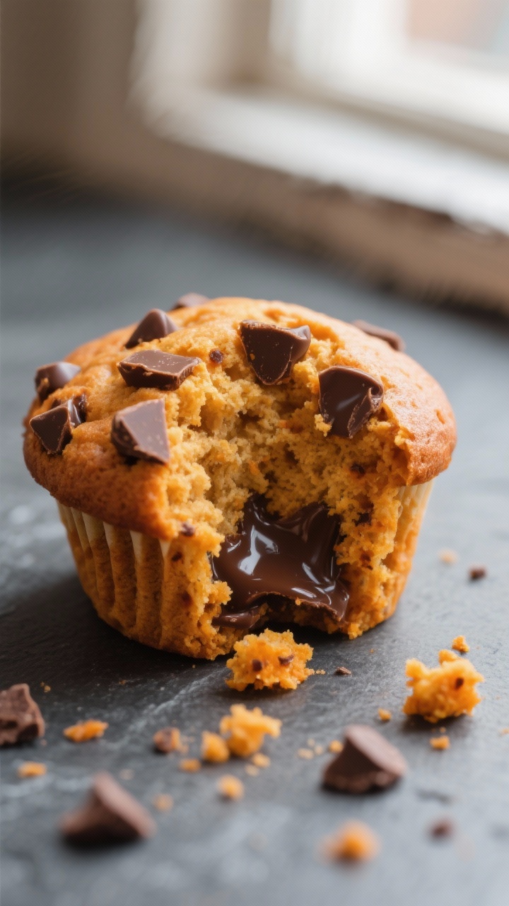Close-up detail: A just-baked pumpkin chocolate chip muffin torn open to reveal ultra-soft, moist cr