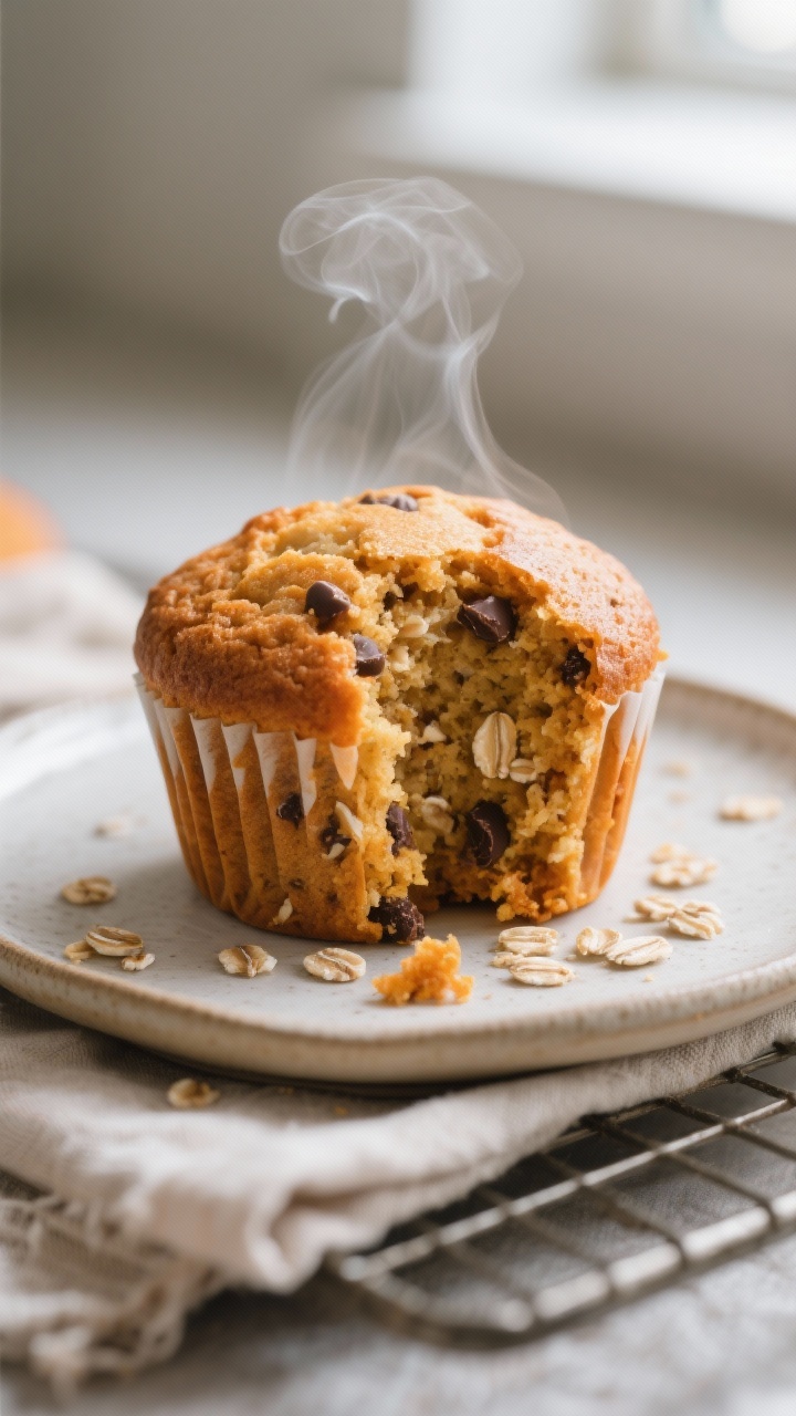 Healthy Pumpkin Muffins Made with Oats: A Cozy, Guilt-Free Breakfast You’ll Actually Crave Close-up detail: A just-baked pumpkin oat muffin torn open to reveal a moist, tender crumb with visi