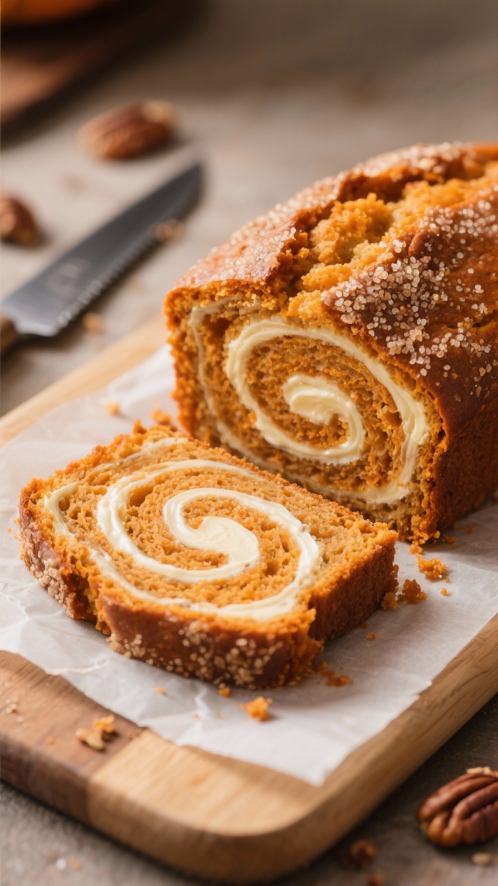 Close-up detail: A just-sliced piece of cream cheese–swirled pumpkin bread on a parchment-lined cu