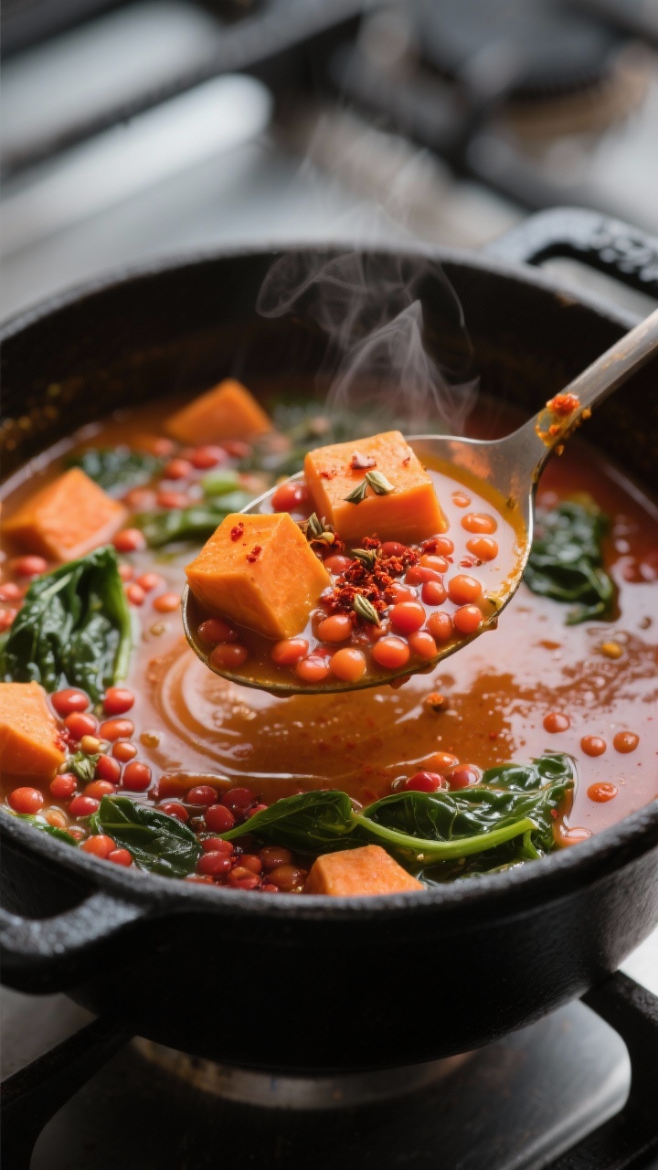 Close-up detail: A ladle lifting creamy spicy lentil soup from a matte black Dutch oven mid-simmer, 
