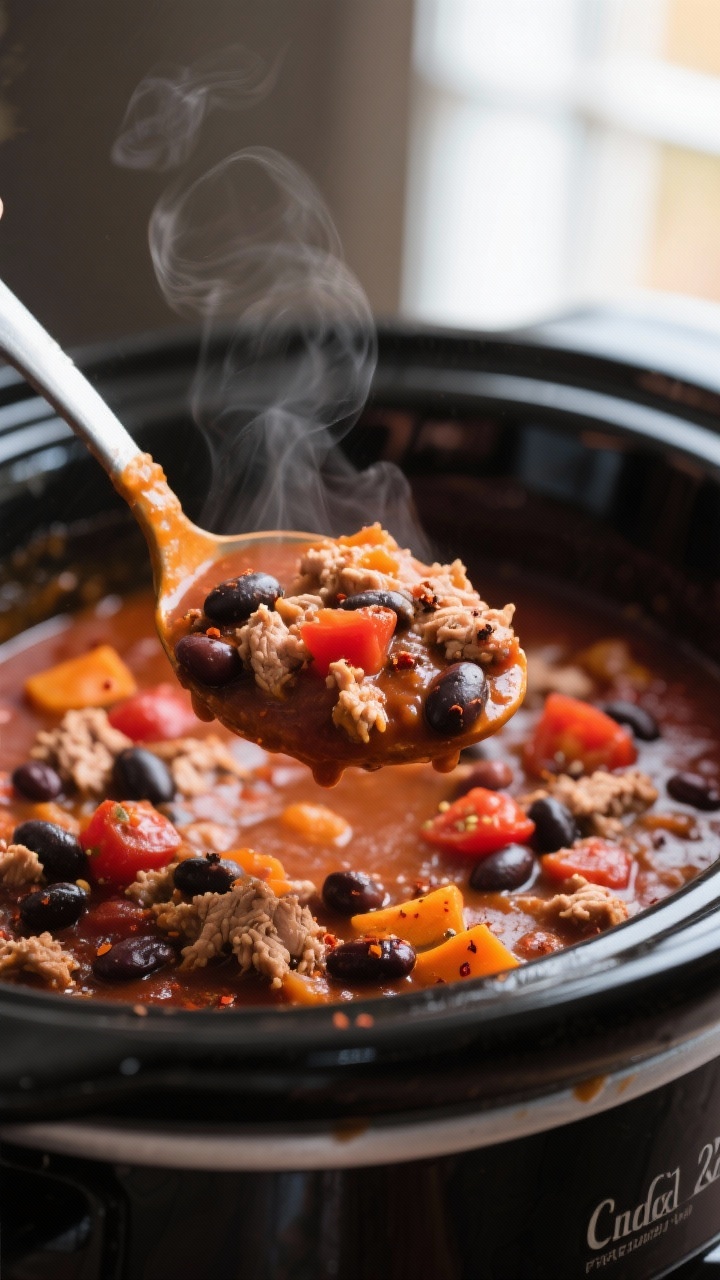 Close-up detail: A ladle lifting silky, simmering crockpot pumpkin chili from a slow cooker, showcas